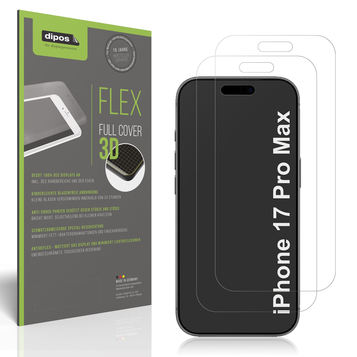 Matte Displayschutzfolie von dipos passend für Apple iPhone 17 Pro Max, 100% Displayabdeckung und blasenfreie Montage