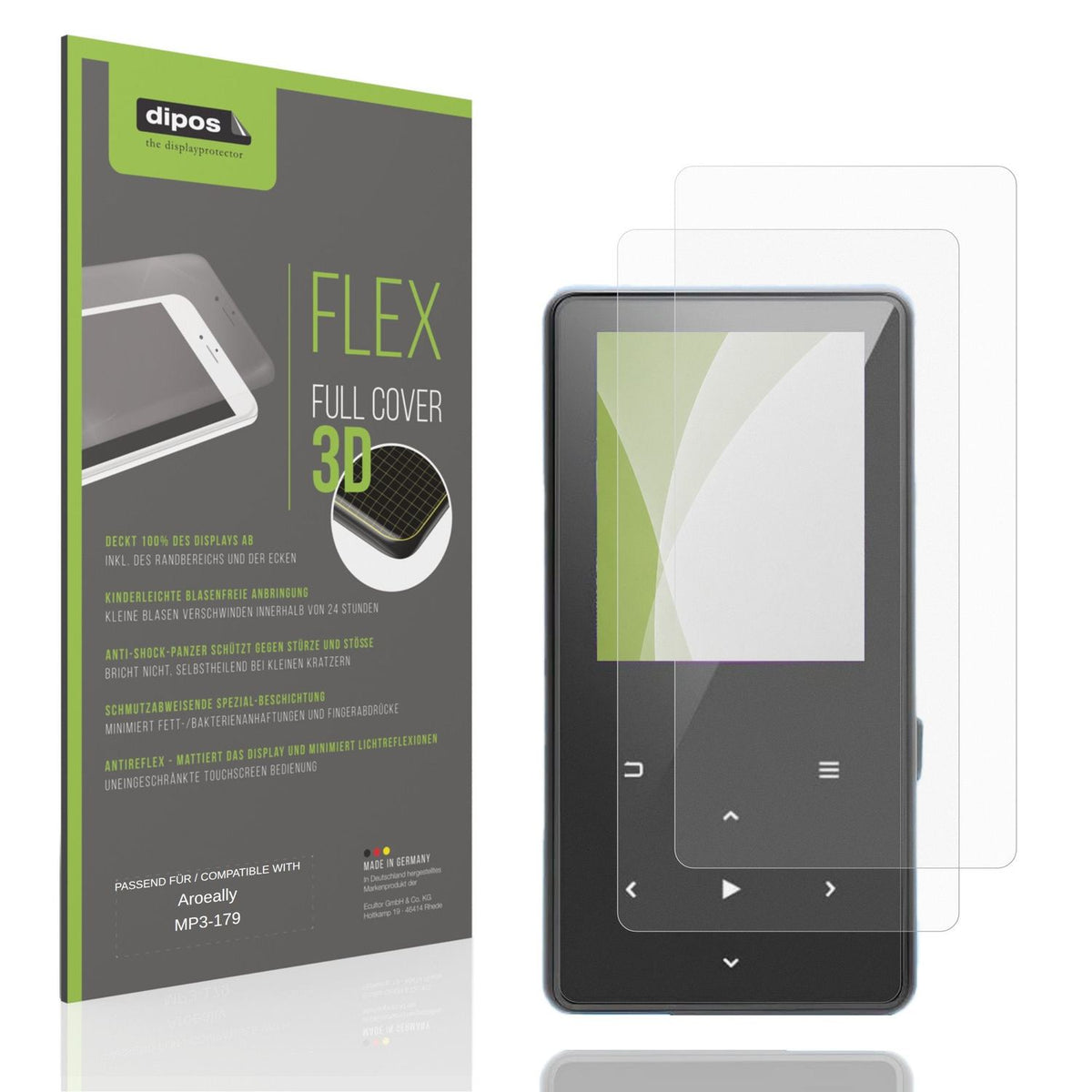 Matte Displayschutzfolie von dipos passend für Aroeally MP3-179, 100% Displayabdeckung und blasenfreie Montage