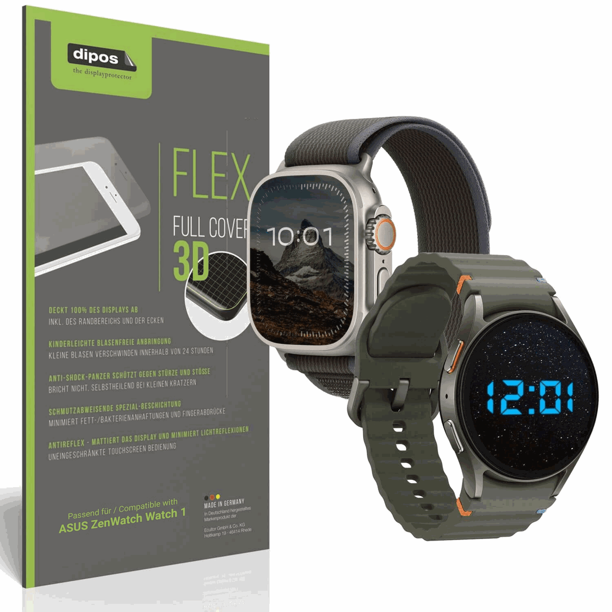 Matte Displayschutzfolie von dipos passend für ASUS ZenWatch Watch 1, 100% Displayabdeckung und blasenfreie Montage