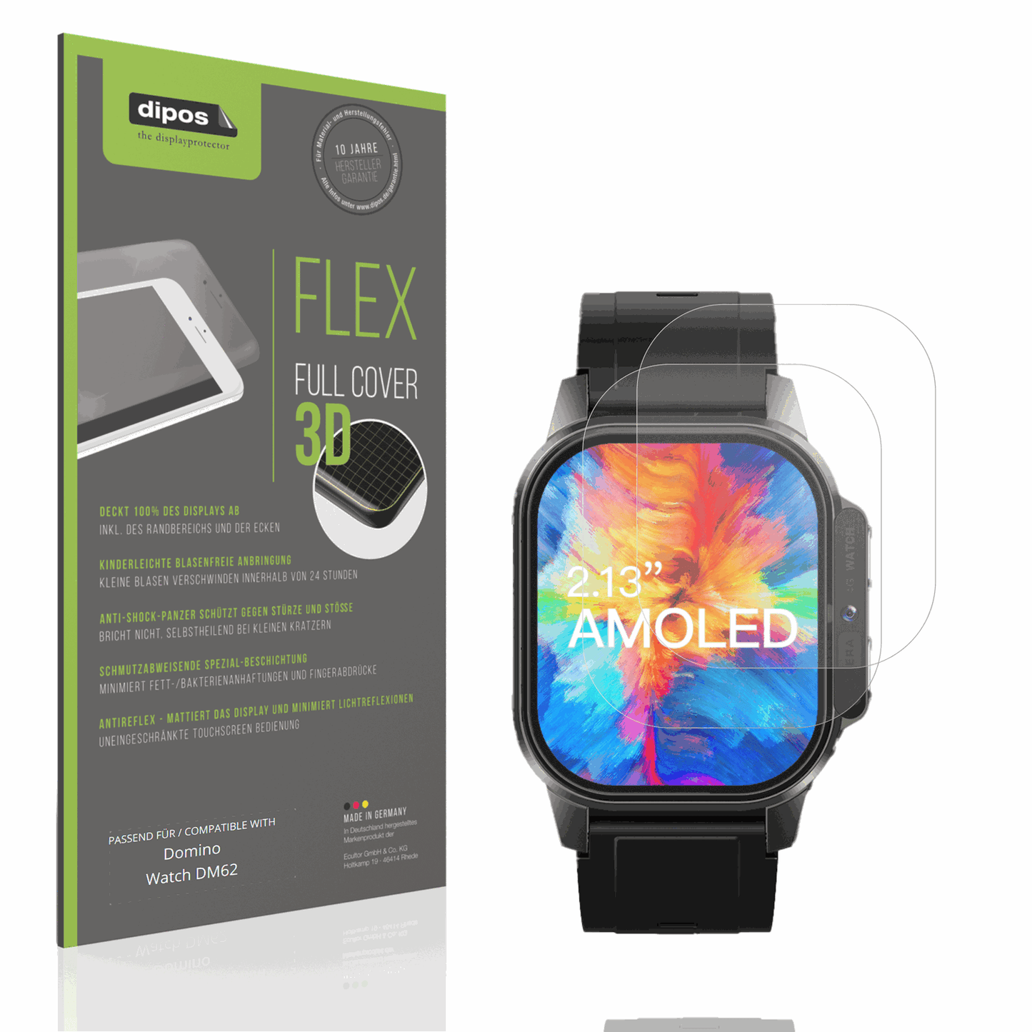 Matte Displayschutzfolie von dipos passend für Domino Watch DM62, 100% Displayabdeckung und blasenfreie Montage