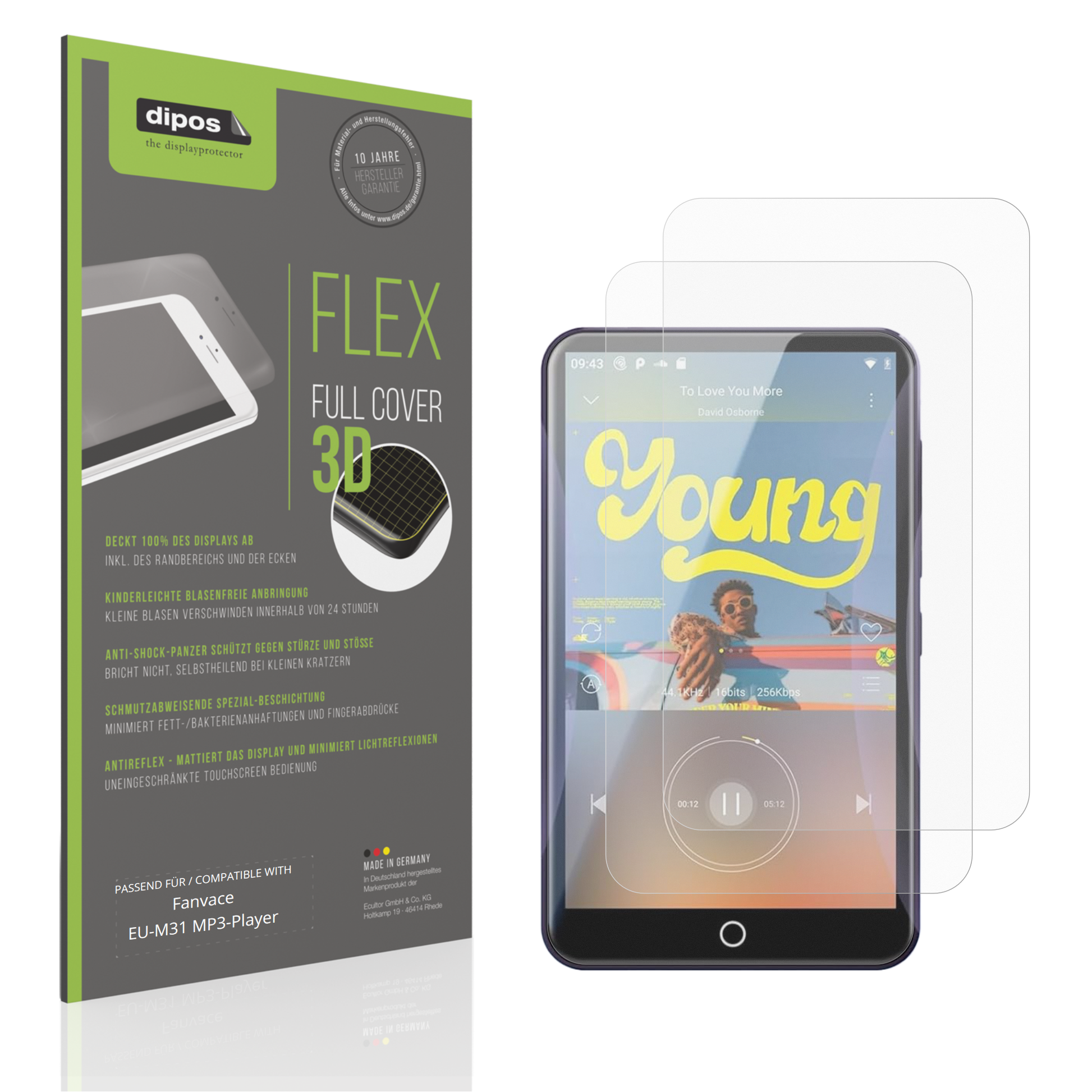 Matte Displayschutzfolie von dipos passend für Fanvace EU-M31 MP3-Player, 100% Displayabdeckung und blasenfreie Montage