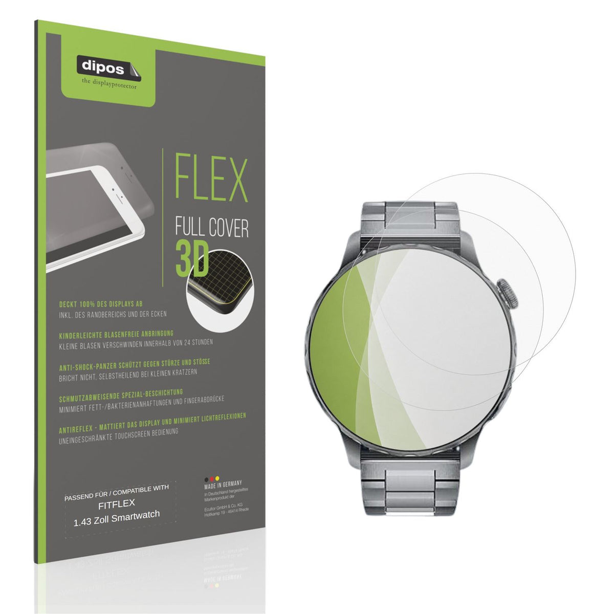 Matte Displayschutzfolie von dipos passend für FITFLEX 1.43 Zoll Smartwatch, 100% Displayabdeckung und blasenfreie Montage