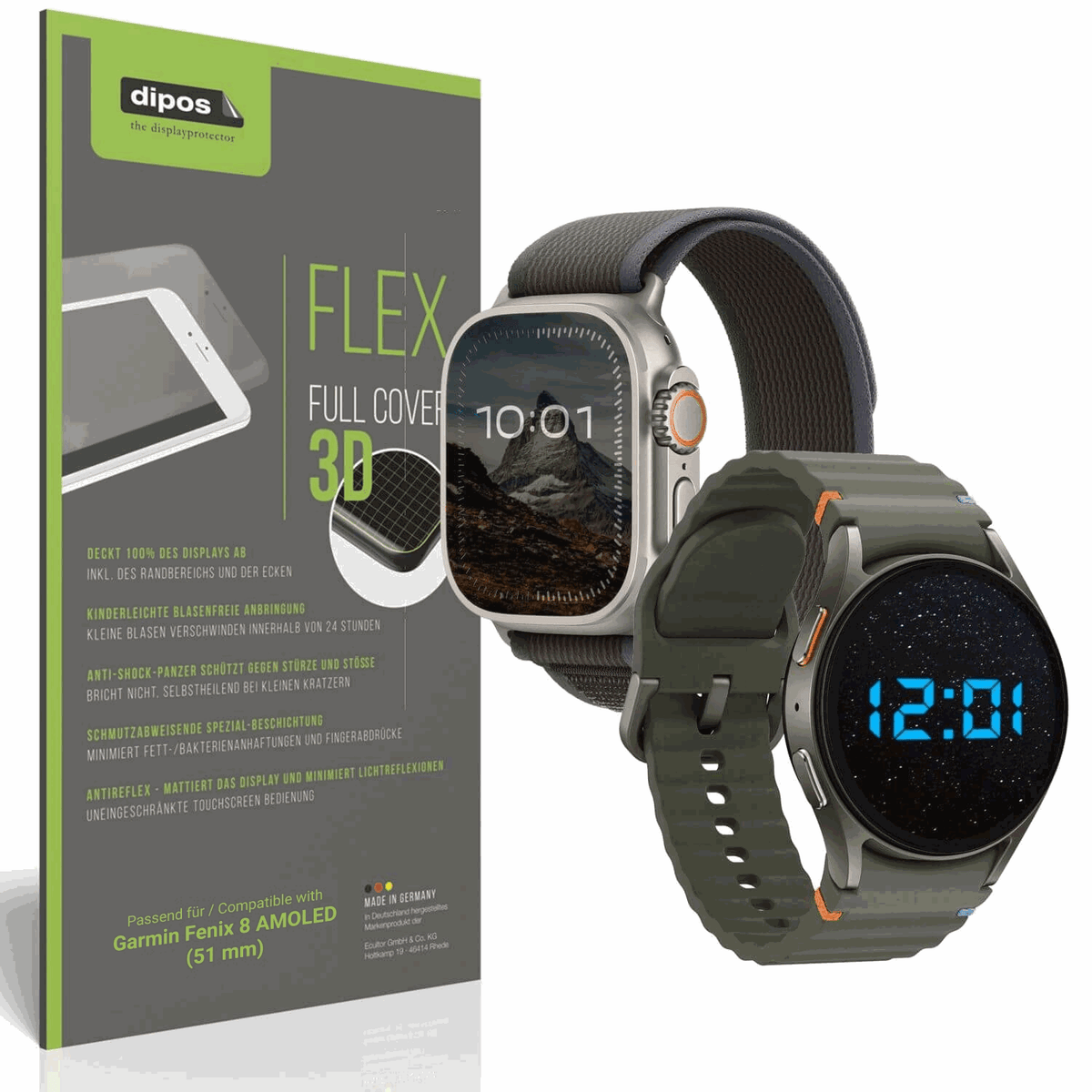 Matte Displayschutzfolie von dipos passend für Garmin Fenix 8 AMOLED (51 mm), 100% Displayabdeckung und blasenfreie Montage