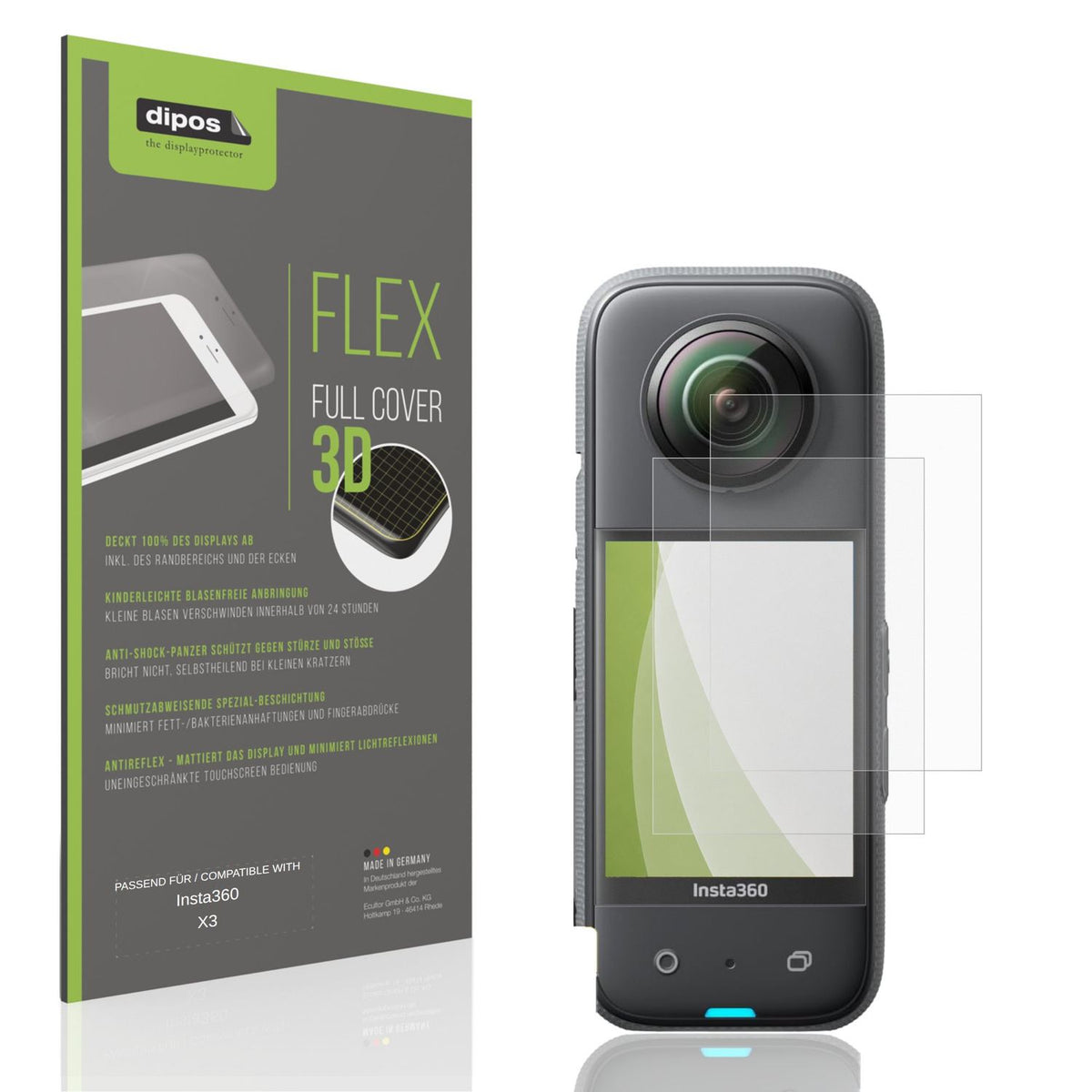 Matte Displayschutzfolie von dipos passend für Insta360 X3, 100% Displayabdeckung und blasenfreie Montage