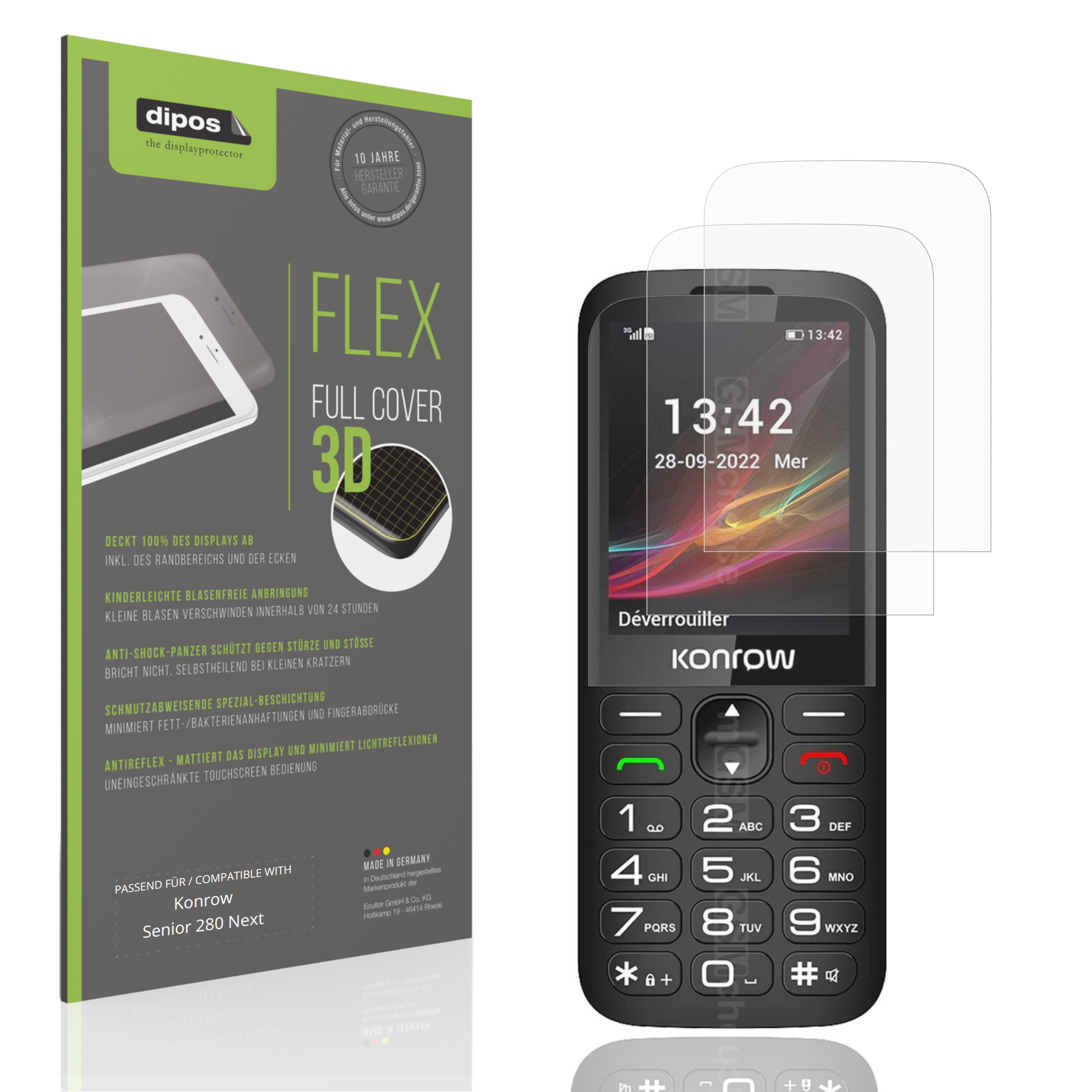 Matte Displayschutzfolie von dipos passend für Konrow Senior 280 Next, 100% Displayabdeckung und blasenfreie Montage