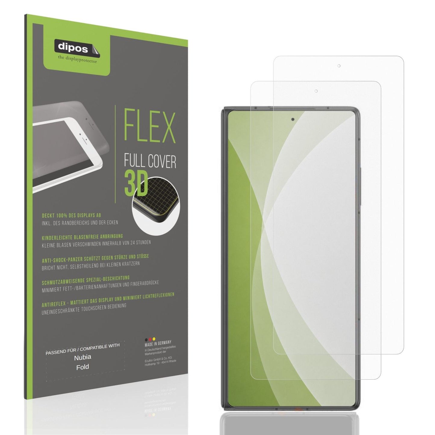 Matte Displayschutzfolie von dipos passend für Nubia Fold Aussenseite, 100% Displayabdeckung und blasenfreie Montage