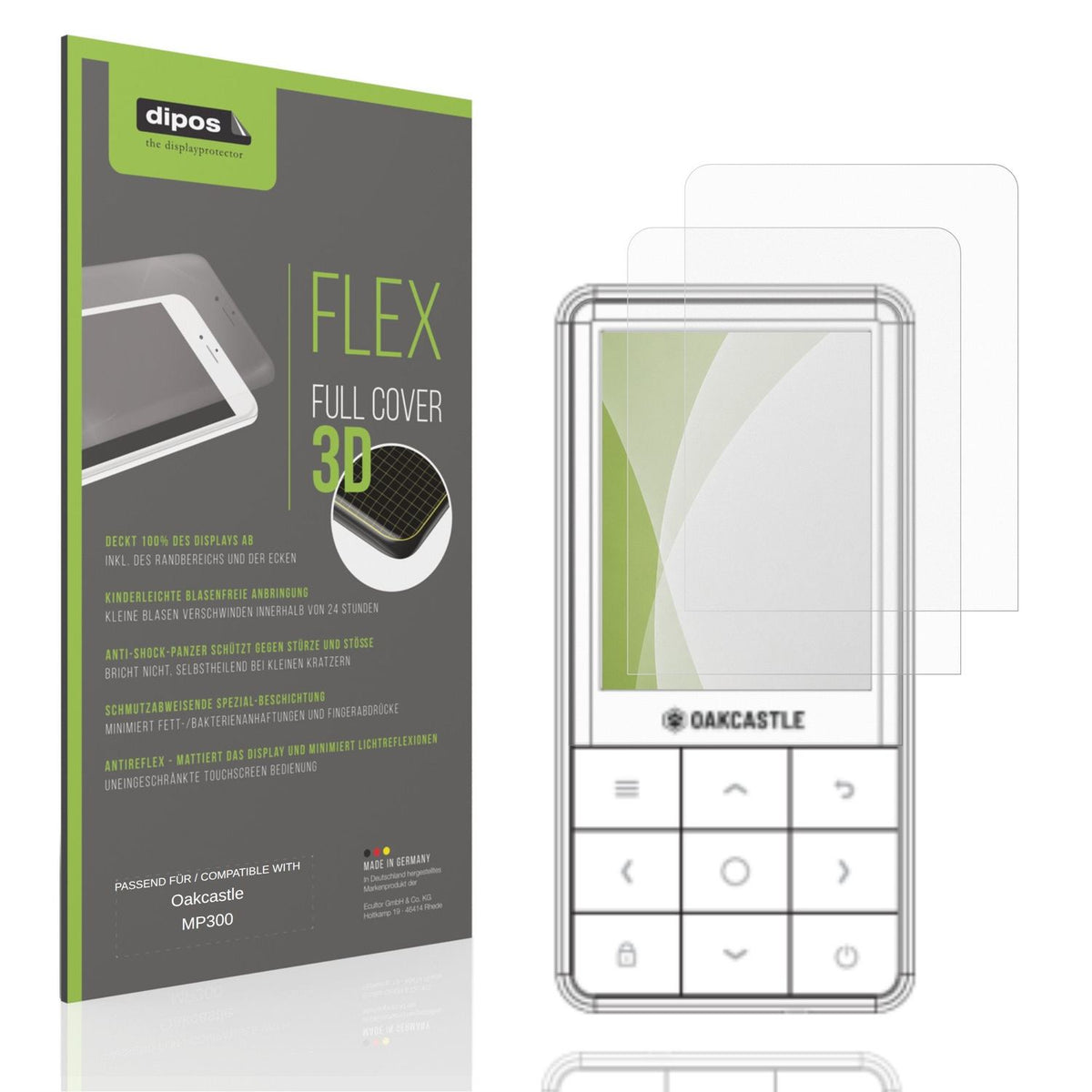 Matte Displayschutzfolie von dipos passend für Oakcastle MP300, 100% Displayabdeckung und blasenfreie Montage