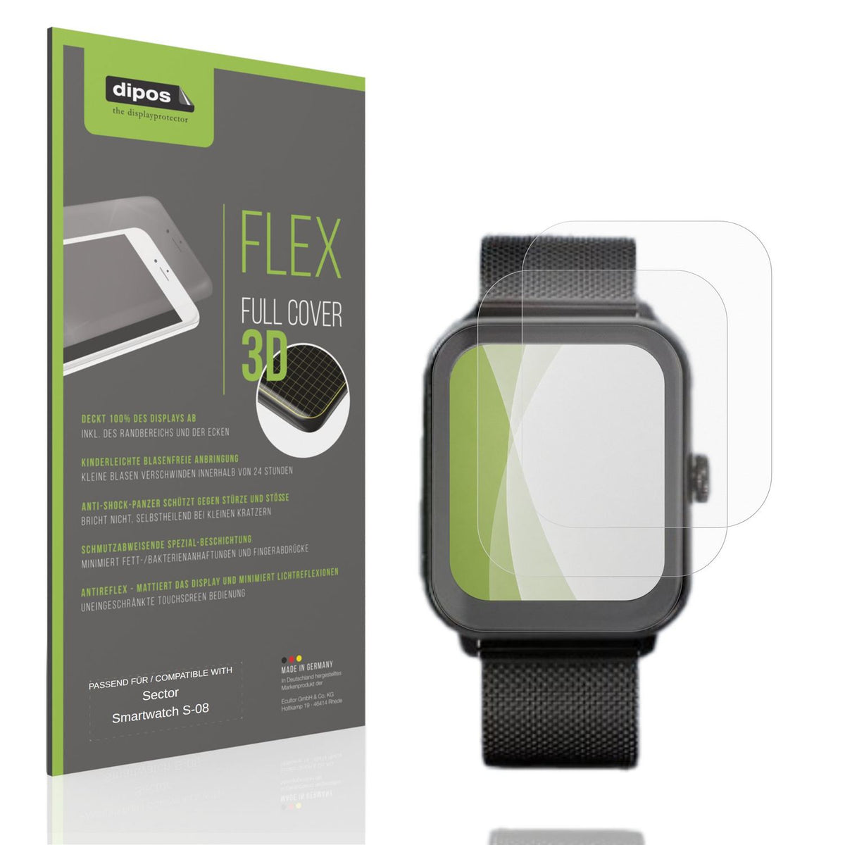 Matte Displayschutzfolie von dipos passend f�r Sector Smartwatch S-08, 100% Displayabdeckung und blasenfreie Montage
