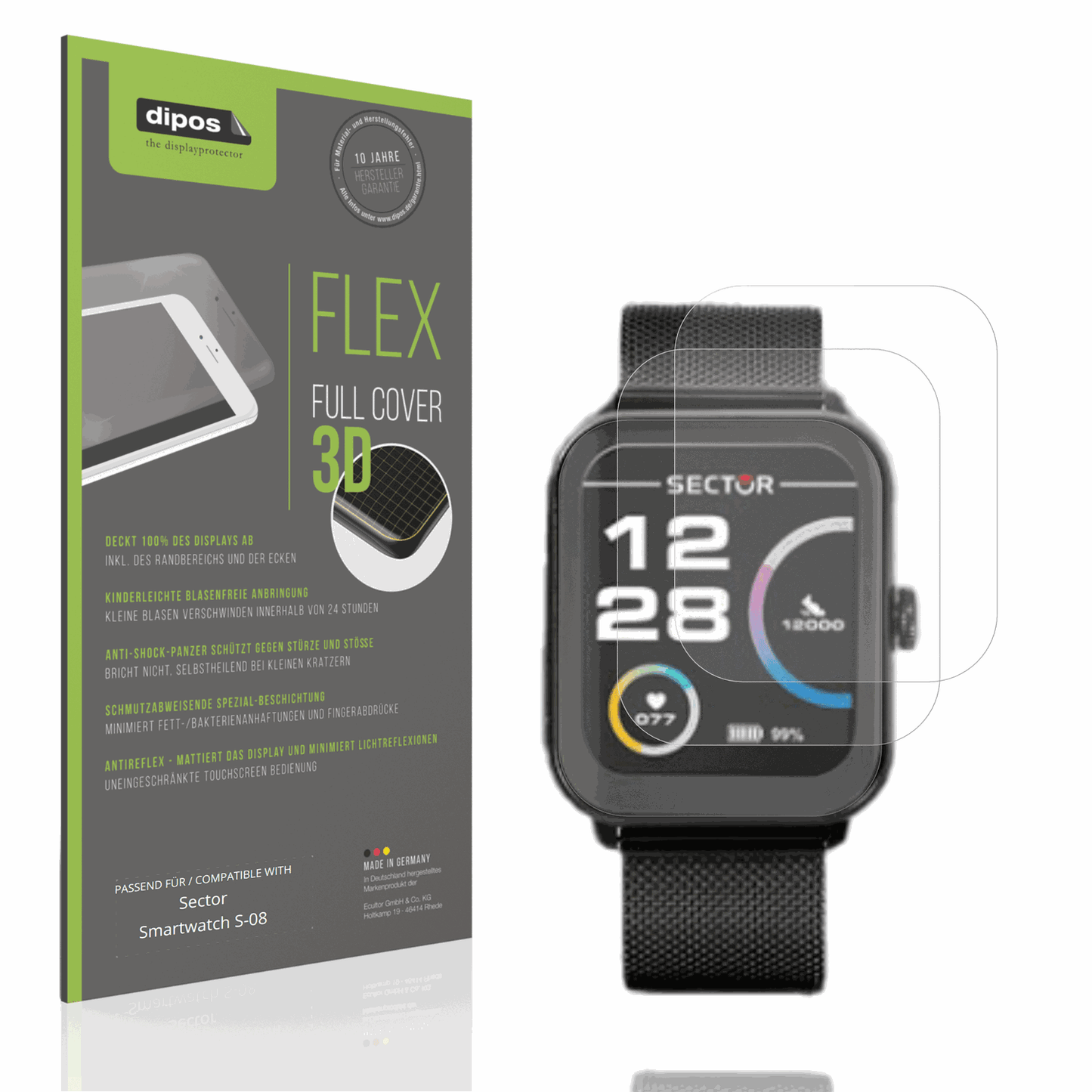 Matte Displayschutzfolie von dipos passend f�r Sector Smartwatch S-08, 100% Displayabdeckung und blasenfreie Montage