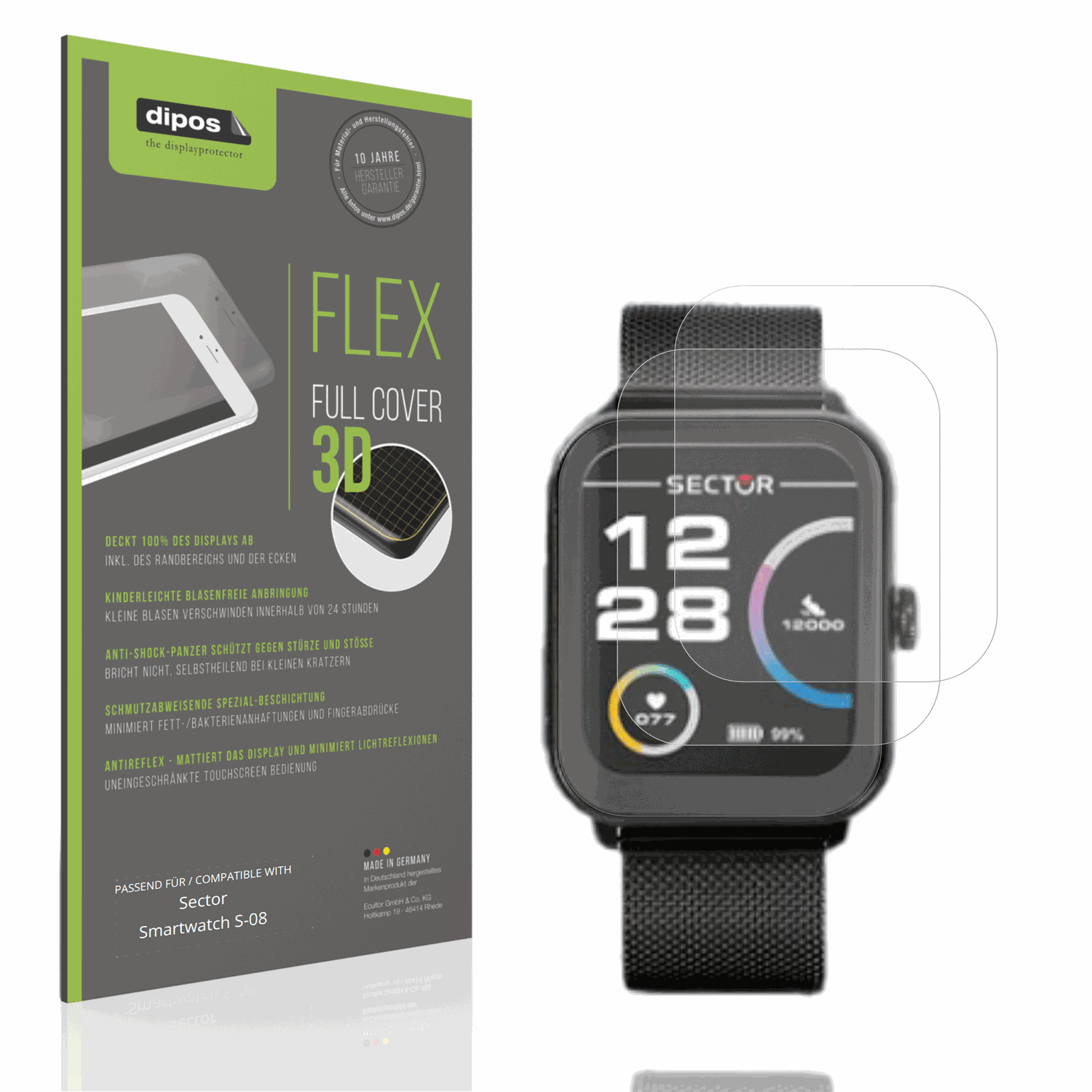 Matte Displayschutzfolie von dipos passend f�r Sector Smartwatch S-08, 100% Displayabdeckung und blasenfreie Montage