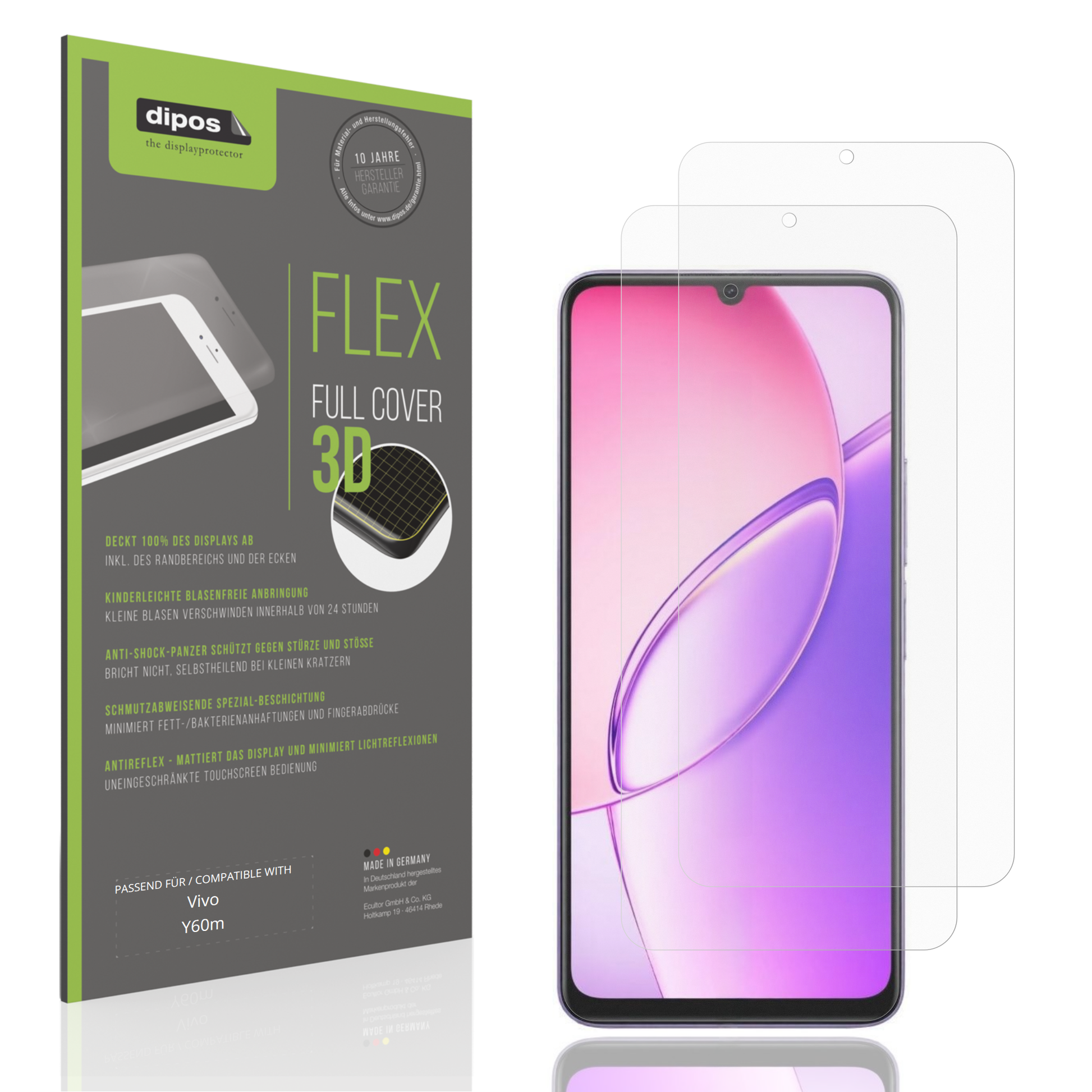 Matte Displayschutzfolie von dipos passend für Vivo Y60m, 100% Displayabdeckung und blasenfreie Montage