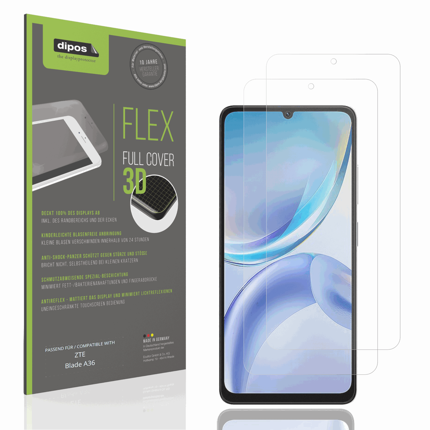 Matte Displayschutzfolie von dipos passend für ZTE Blade A36, 100% Displayabdeckung und blasenfreie Montage