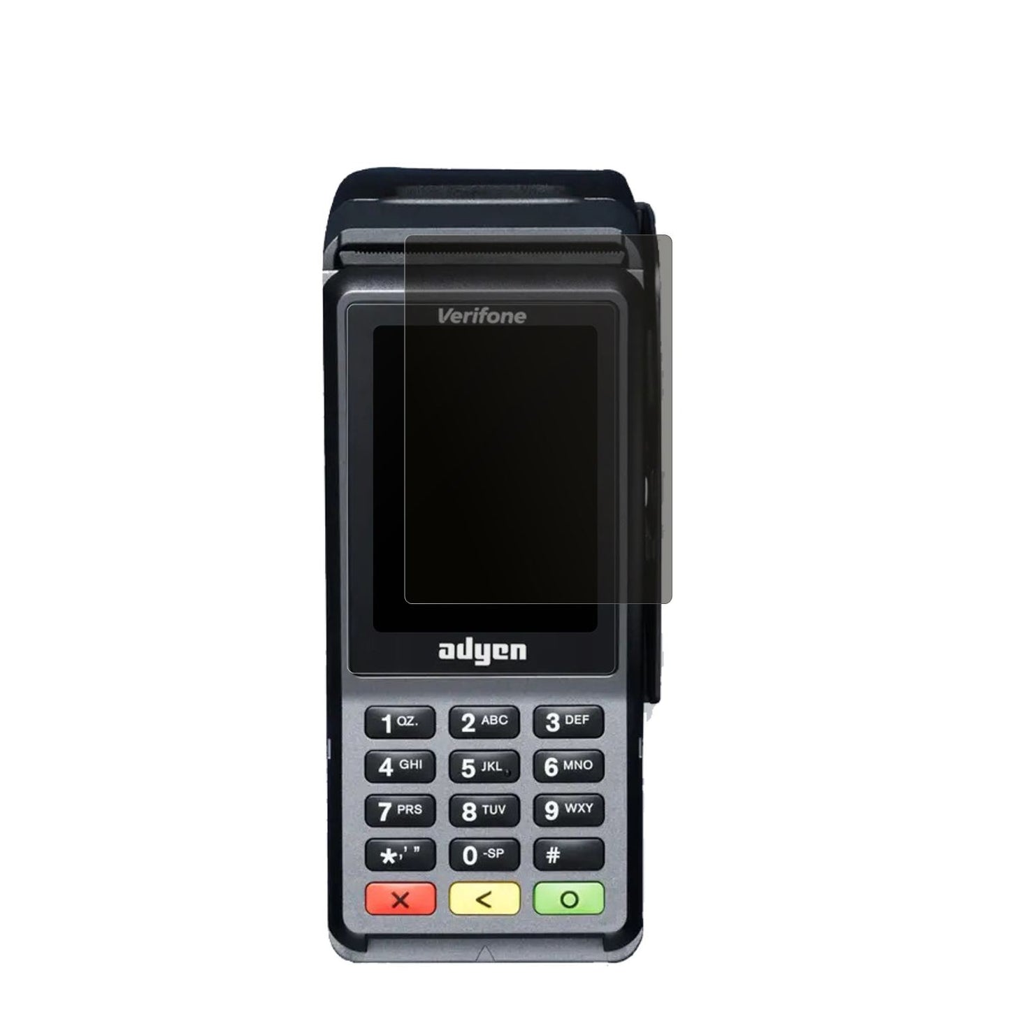 AdyenV400c Plus mit aufgebrachtem dipos Displayschutz, der seitliche Einblicke blockiert