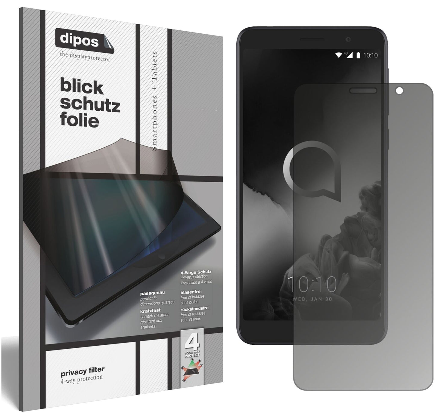 Alcatel1C (2019) mit aufgebrachtem dipos Displayschutz, der seitliche Einblicke blockiert