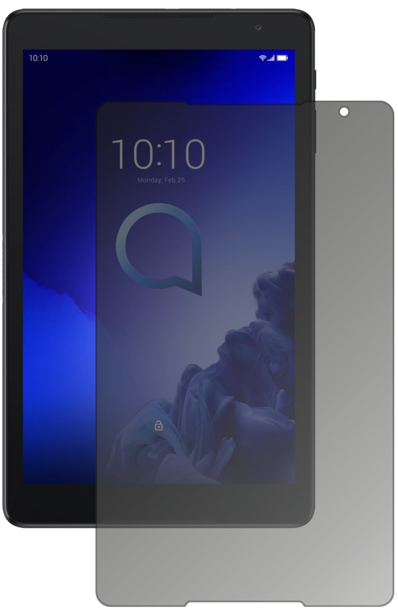 Alcatel3T 10 Zoll mit aufgebrachtem dipos Displayschutz, der seitliche Einblicke blockiert