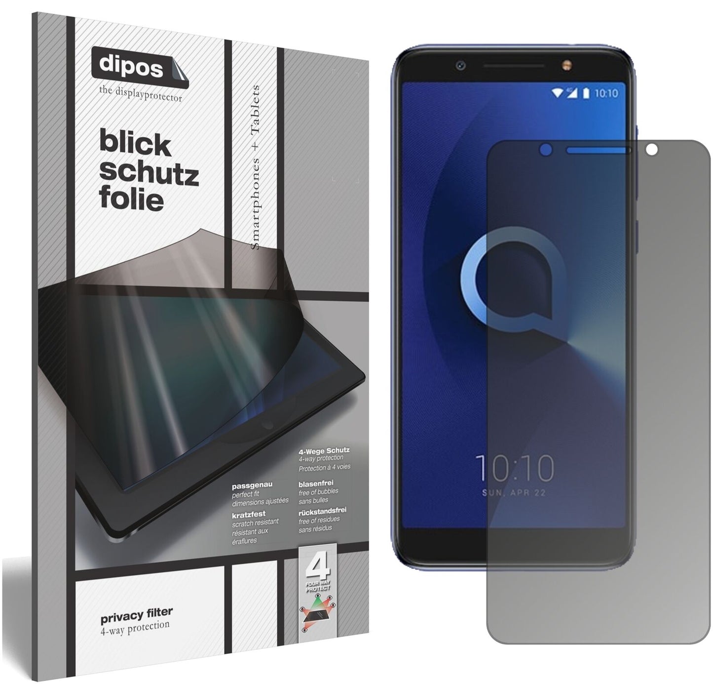 Alcatel3X mit aufgebrachtem dipos Displayschutz, der seitliche Einblicke blockiert