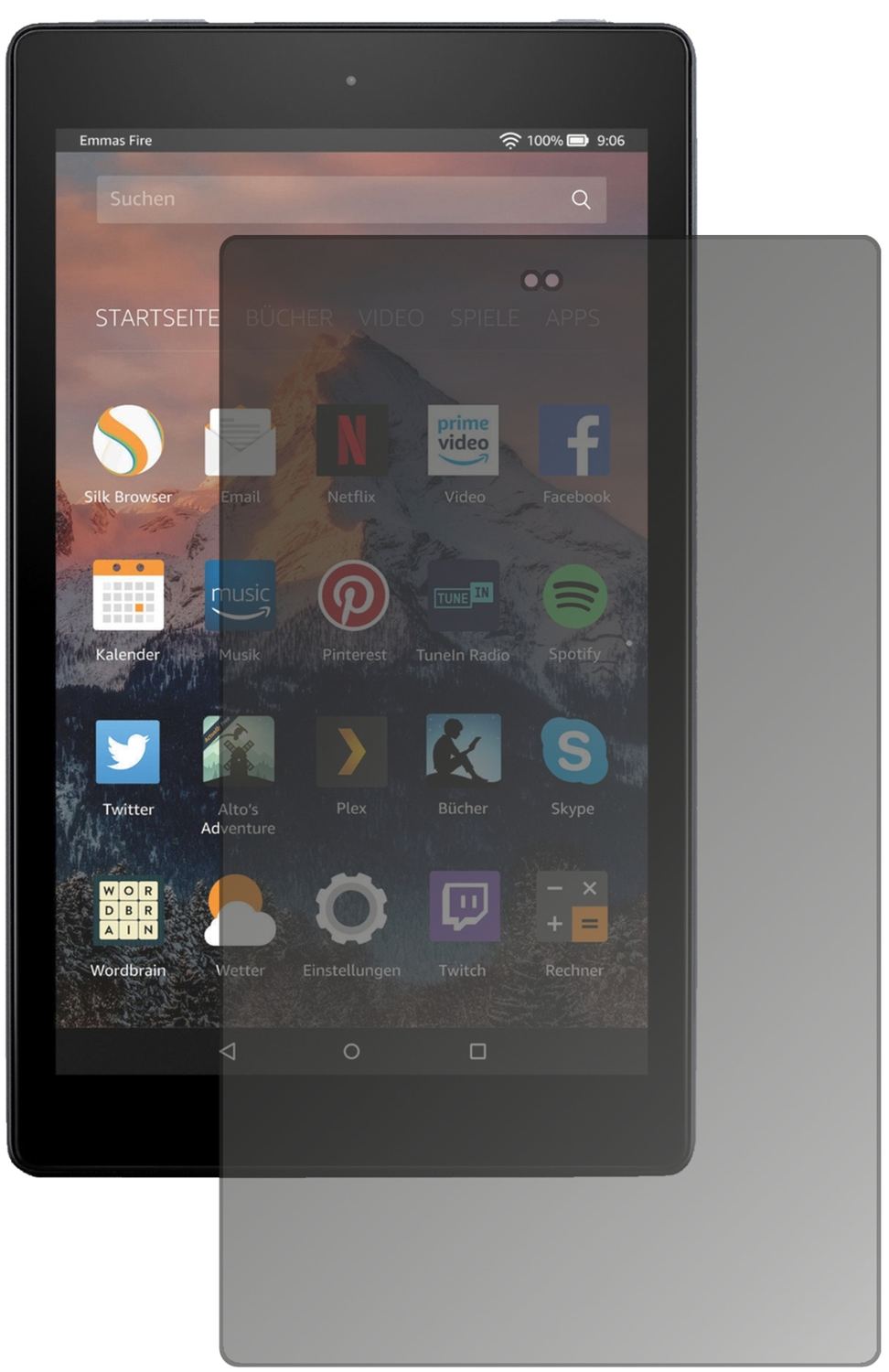 AmazonFire HD 8 (2020) mit aufgebrachtem dipos Displayschutz, der seitliche Einblicke blockiert