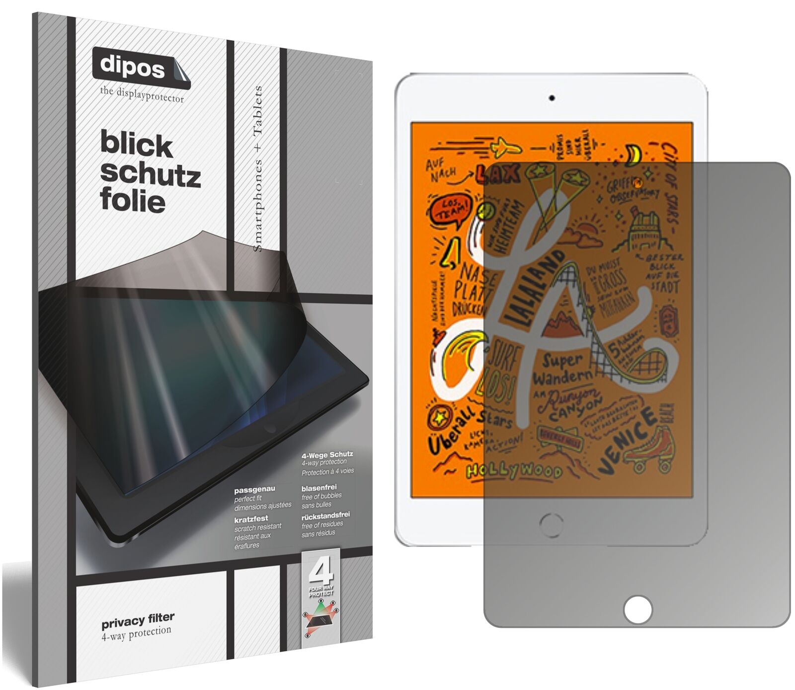 AppleiPad Mini (2019) 7.9 Zoll mit aufgebrachtem dipos Displayschutz, der seitliche Einblicke blockiert