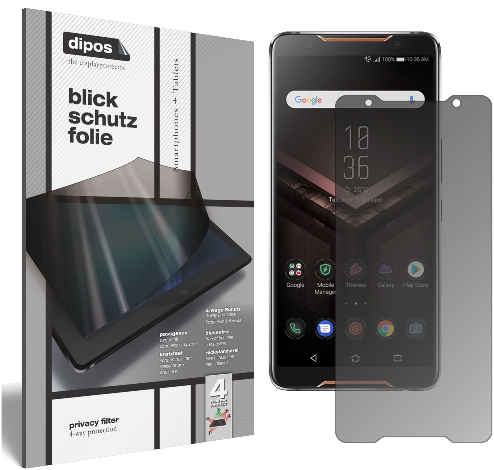AsusROG Phone mit aufgebrachtem dipos Displayschutz, der seitliche Einblicke blockiert