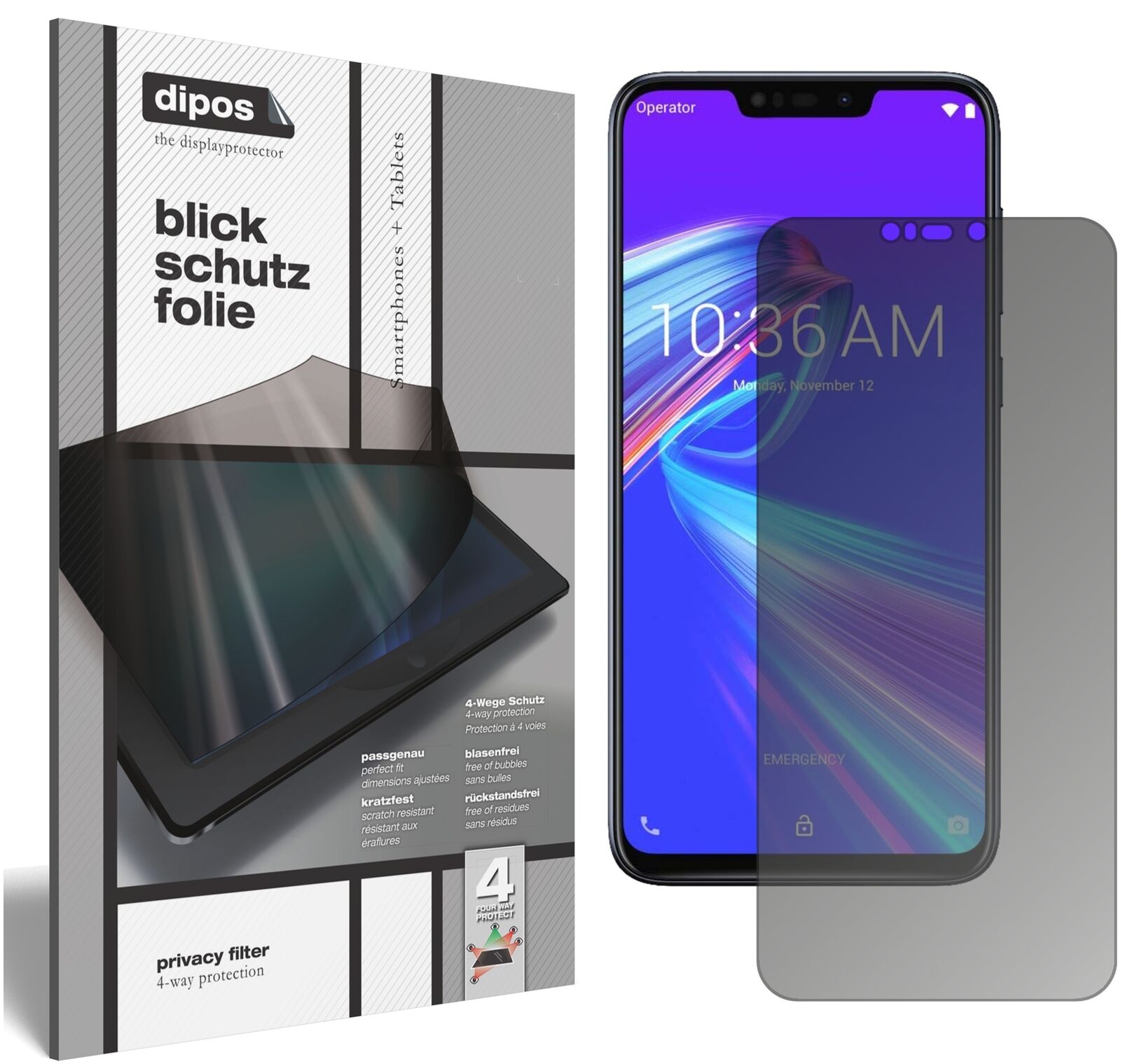 AsusZenFone Max (M2) mit aufgebrachtem dipos Displayschutz, der seitliche Einblicke blockiert