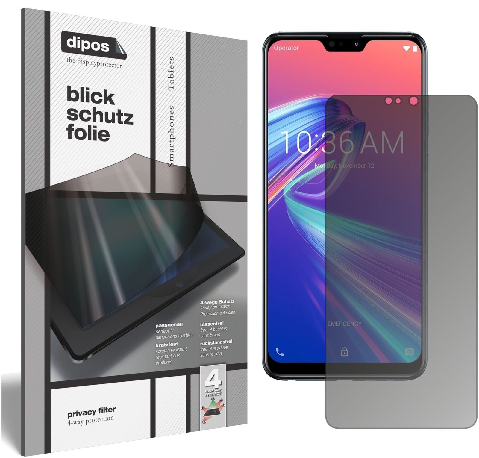 AsusZenFone Max Pro (M2) mit aufgebrachtem dipos Displayschutz, der seitliche Einblicke blockiert