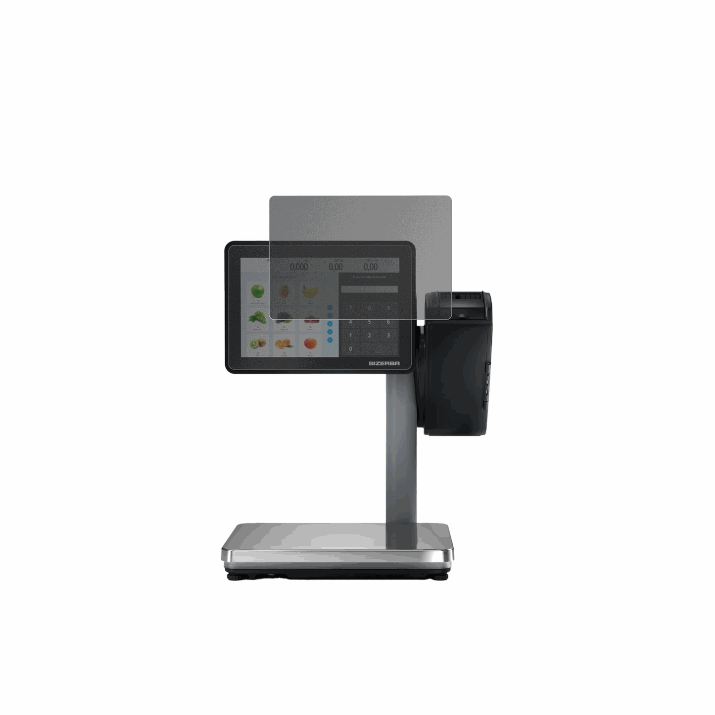 BizerbaQ1 expert 800 12.1 Zoll mit aufgebrachtem dipos Displayschutz, der seitliche Einblicke blockiert