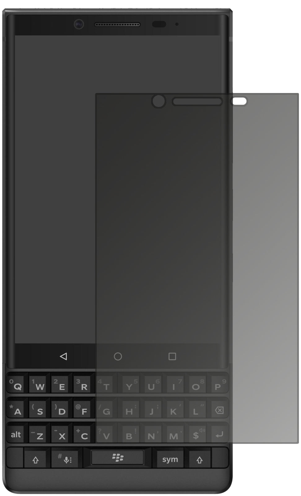 BlackberryKey 2 mit aufgebrachtem dipos Displayschutz, der seitliche Einblicke blockiert