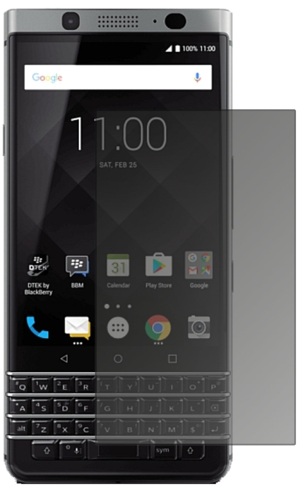 BlackberryKeyOne mit aufgebrachtem dipos Displayschutz, der seitliche Einblicke blockiert