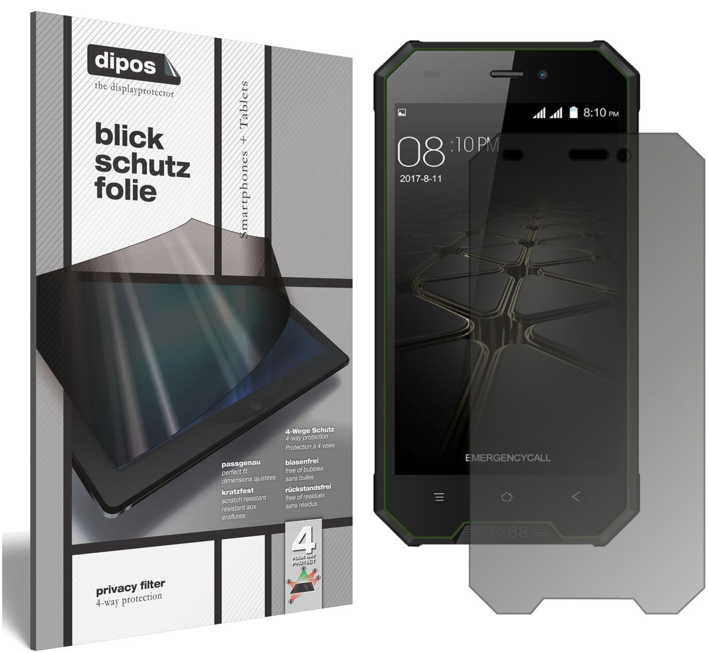 BlackviewBV4000 mit aufgebrachtem dipos Displayschutz, der seitliche Einblicke blockiert