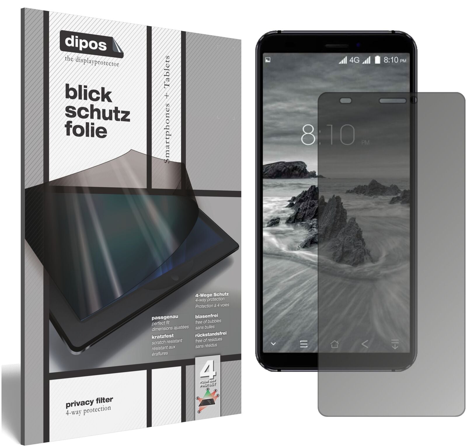 BlackviewS6 mit aufgebrachtem dipos Displayschutz, der seitliche Einblicke blockiert