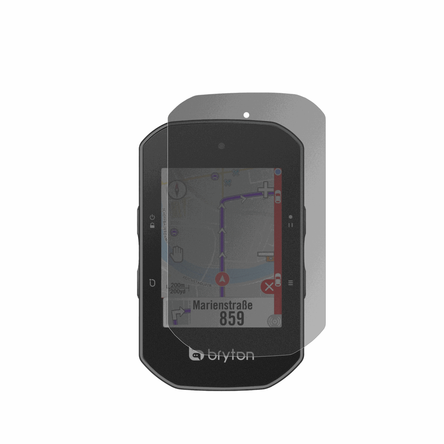 BrytonRider S500 mit aufgebrachtem dipos Displayschutz, der seitliche Einblicke blockiert