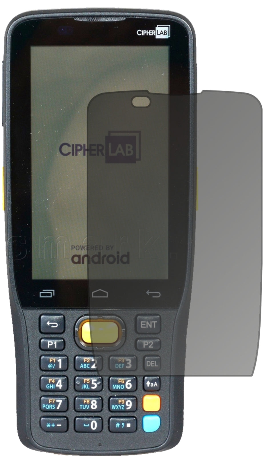 CipherLabRK25 mit aufgebrachtem dipos Displayschutz, der seitliche Einblicke blockiert