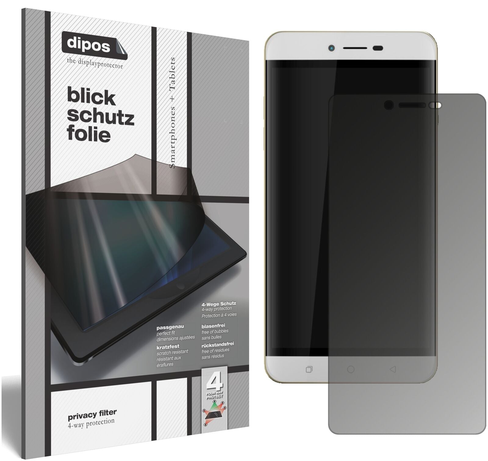CoolpadTorino R108 mit aufgebrachtem dipos Displayschutz, der seitliche Einblicke blockiert