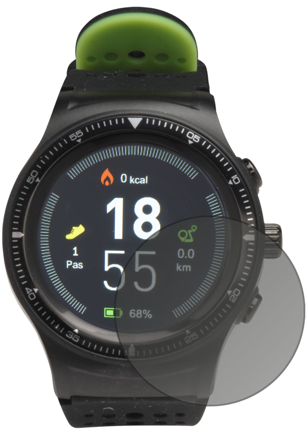 DENVERSW-500 Smartwatch mit aufgebrachtem dipos Displayschutz, der seitliche Einblicke blockiert