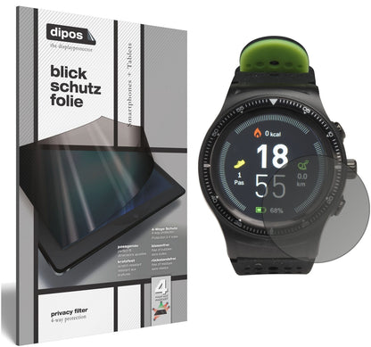 DENVERSW-500 Smartwatch mit aufgebrachtem dipos Displayschutz, der seitliche Einblicke blockiert