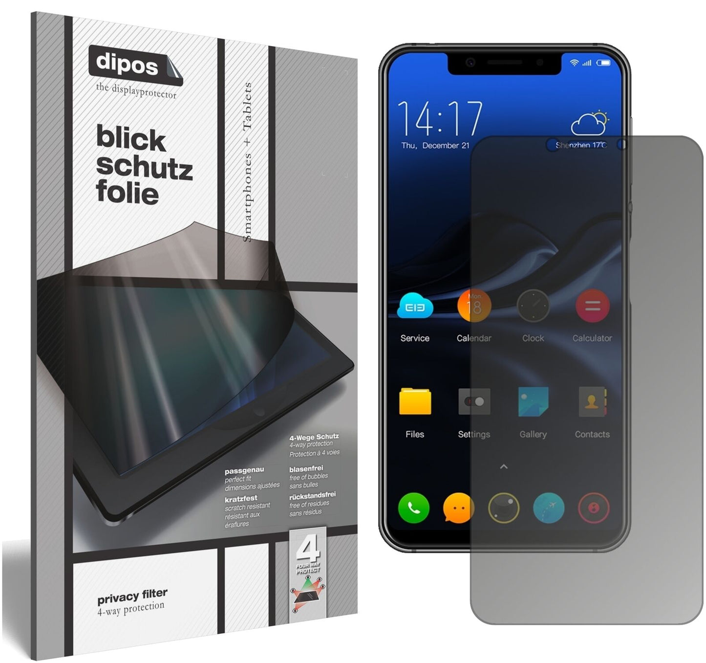 ElephoneA4 mit aufgebrachtem dipos Displayschutz, der seitliche Einblicke blockiert