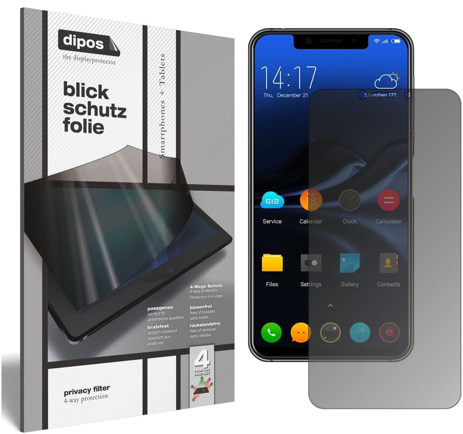ElephoneA4 mit aufgebrachtem dipos Displayschutz, der seitliche Einblicke blockiert