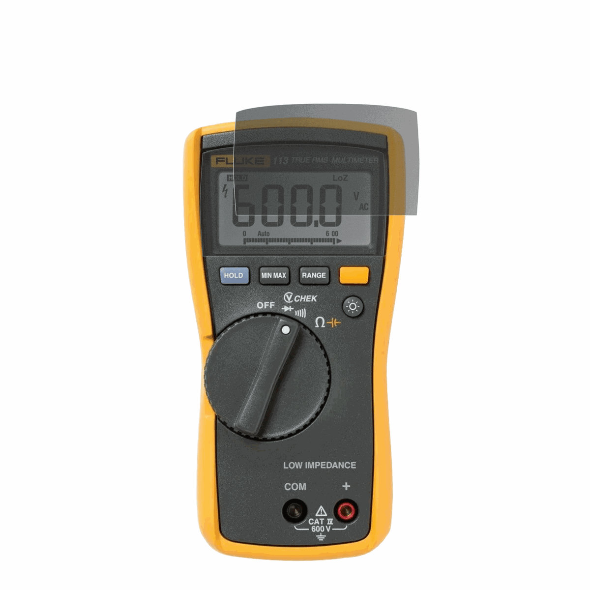 FlukeMultiMeter 113 mit aufgebrachtem dipos Displayschutz, der seitliche Einblicke blockiert