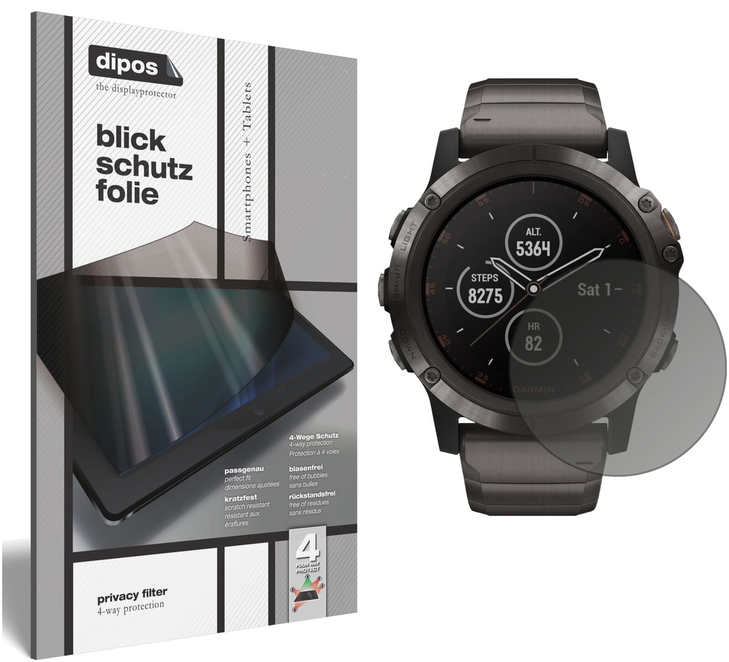 Garminfenix 5 Plus (47mm) mit aufgebrachtem dipos Displayschutz, der seitliche Einblicke blockiert