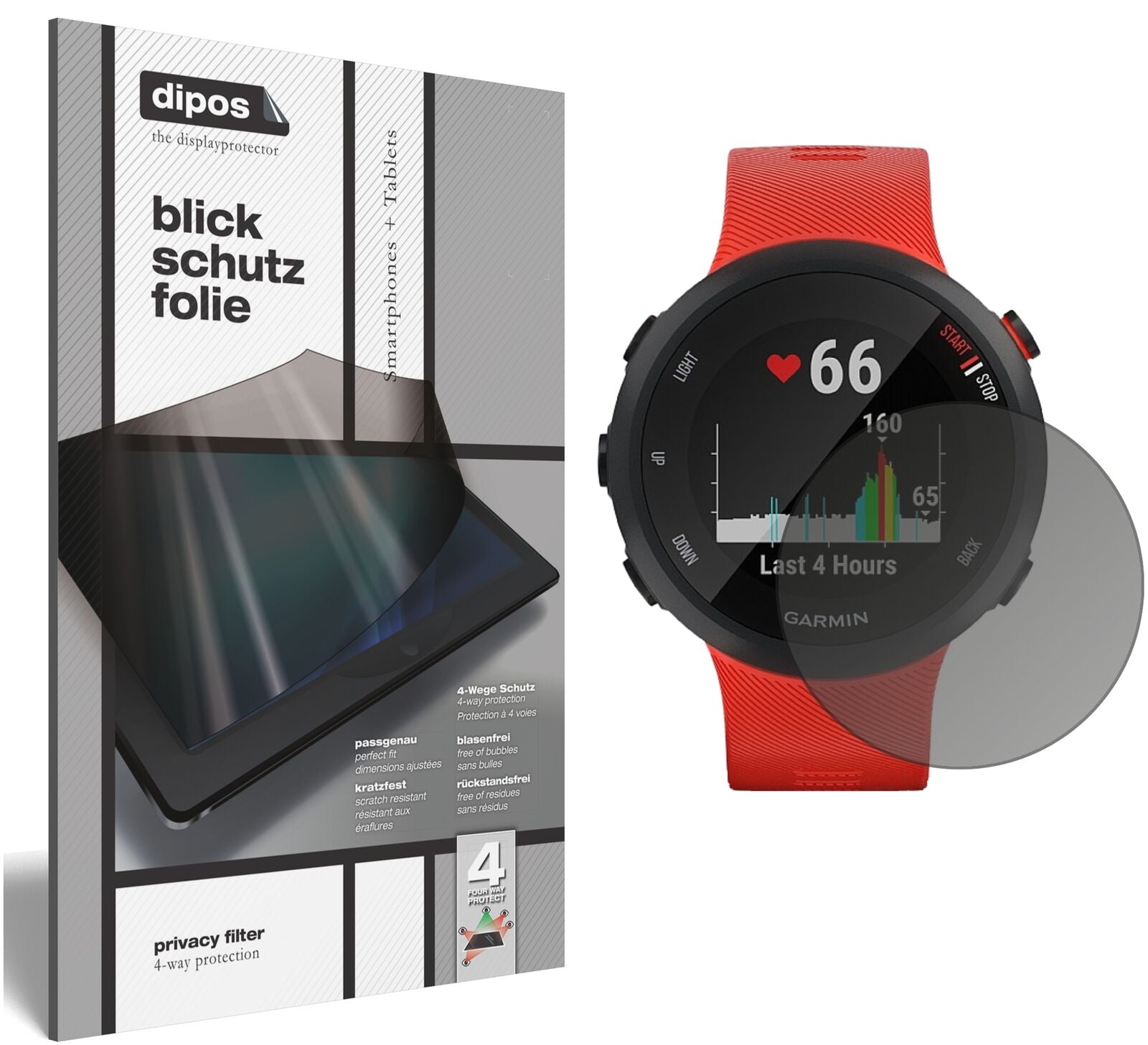 GarminForerunner 45 mit aufgebrachtem dipos Displayschutz, der seitliche Einblicke blockiert