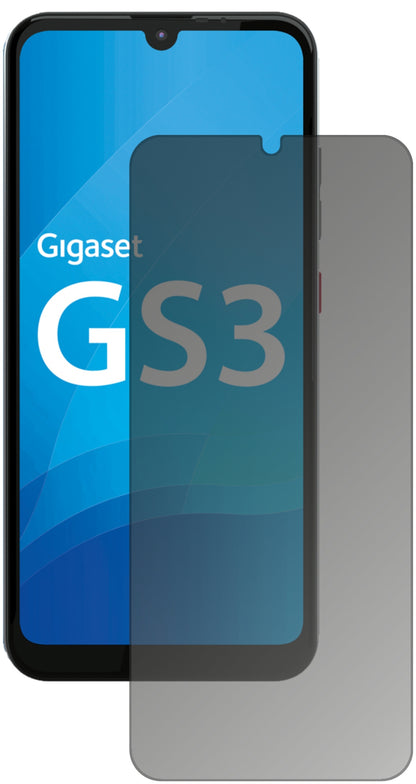 GigasetGS3 mit aufgebrachtem dipos Displayschutz, der seitliche Einblicke blockiert