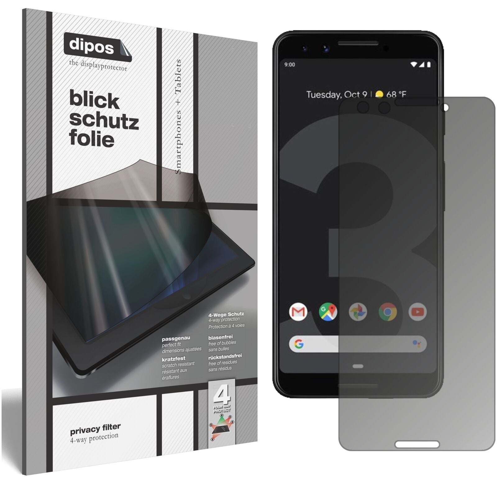 GooglePixel 3 mit aufgebrachtem dipos Displayschutz, der seitliche Einblicke blockiert