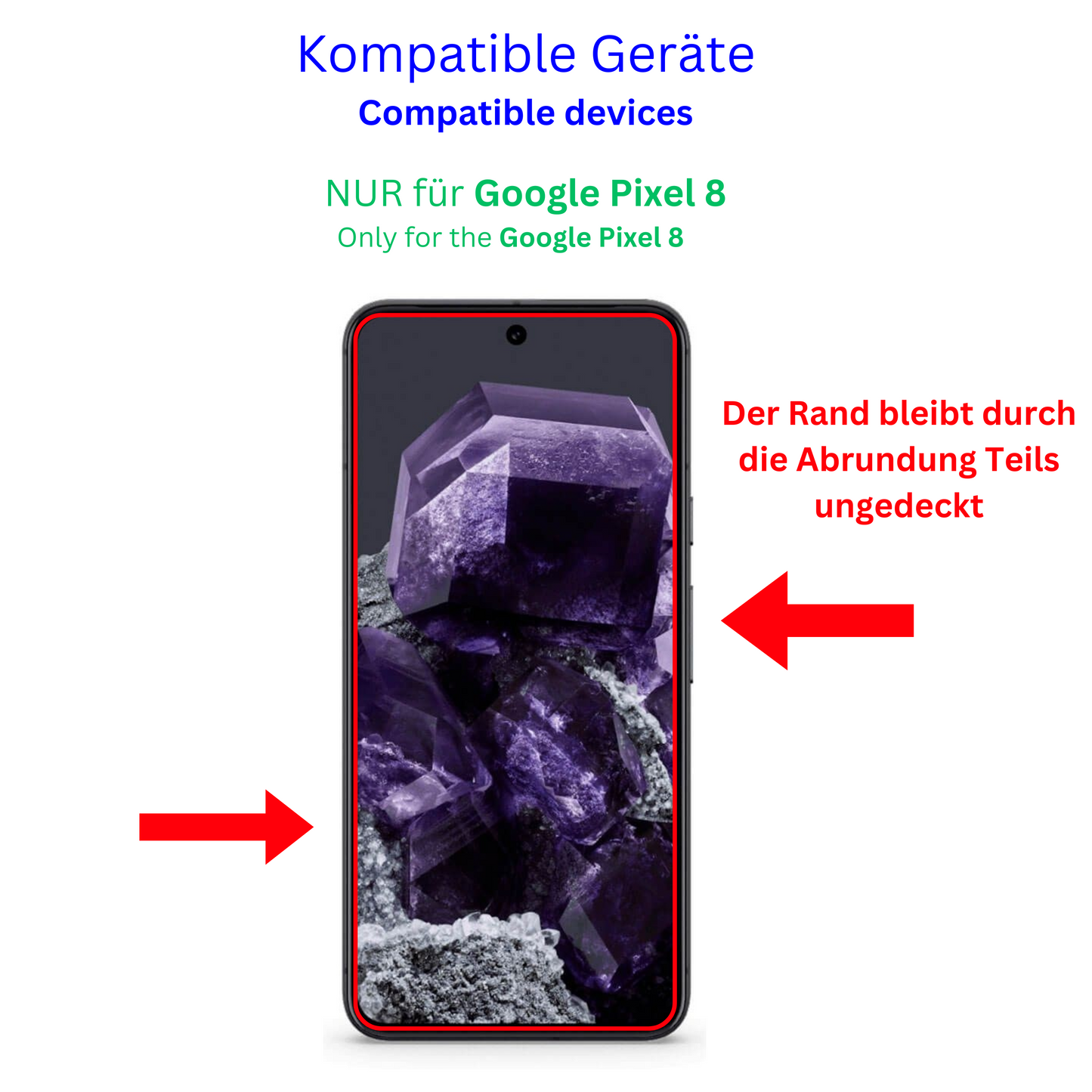 GooglePixel 8 mit aufgebrachter dipos Displayschutzfolie, glasklare Darstellung ohne Einschränkungen