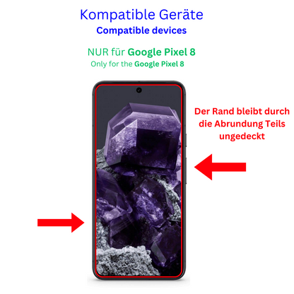 GooglePixel 8 mit aufgebrachter dipos Displayschutzfolie, glasklare Darstellung ohne Einschränkungen
