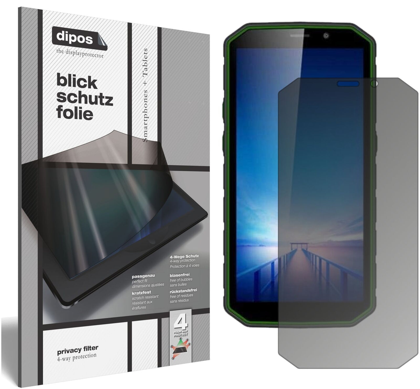 GuophoneXP9800 mit aufgebrachtem dipos Displayschutz, der seitliche Einblicke blockiert