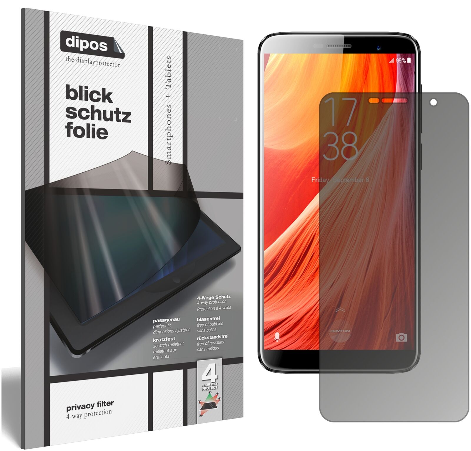 HOMTOMS7 mit aufgebrachtem dipos Displayschutz, der seitliche Einblicke blockiert