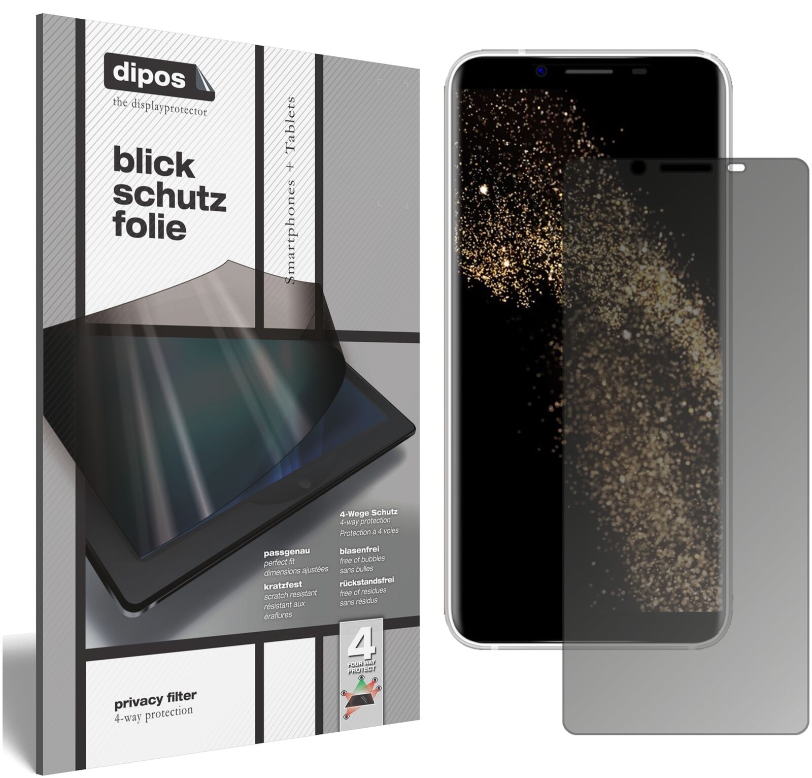 HOMTOMS8 mit aufgebrachtem dipos Displayschutz, der seitliche Einblicke blockiert