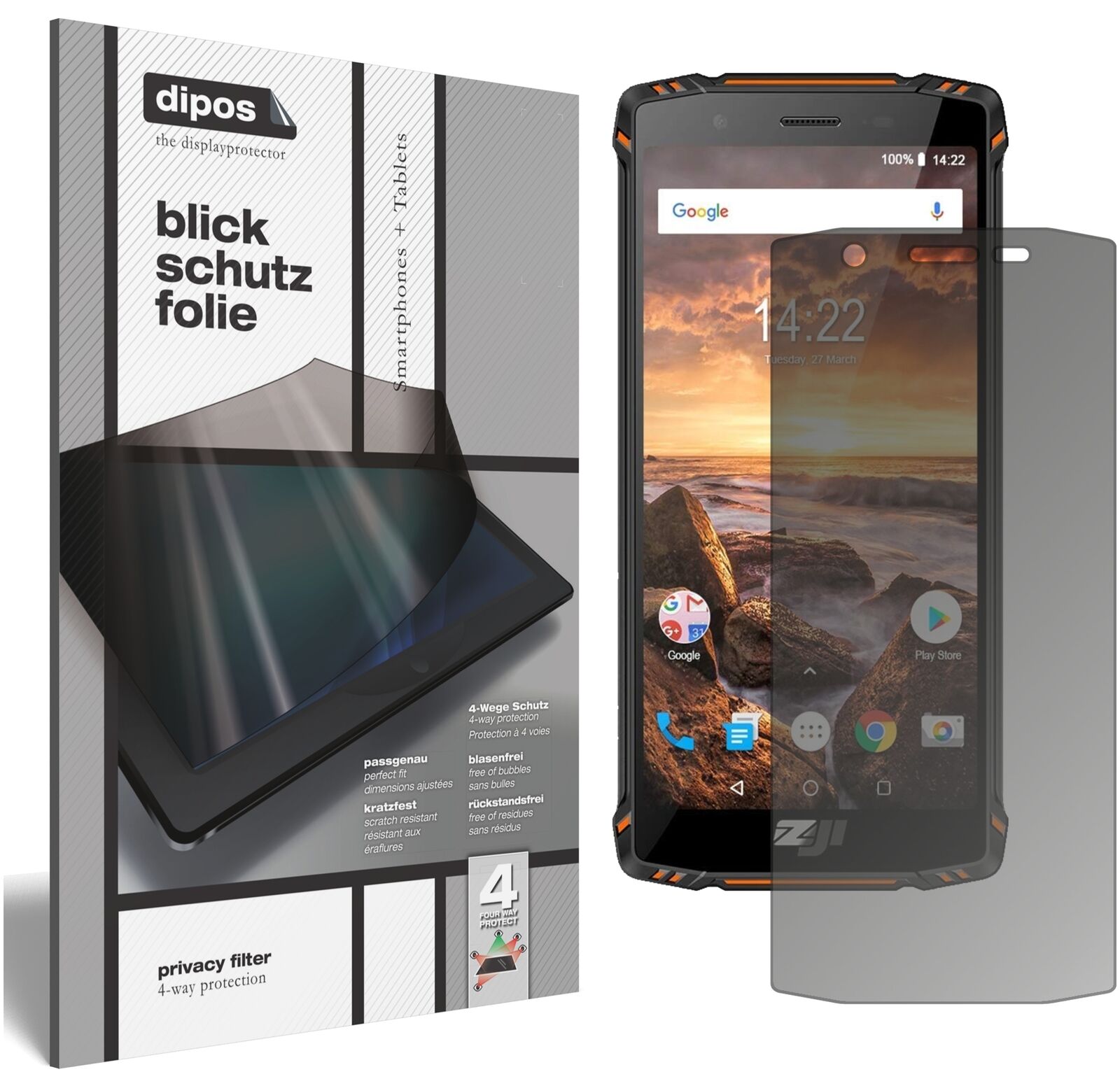 HomTomZoji Z9 mit aufgebrachtem dipos Displayschutz, der seitliche Einblicke blockiert