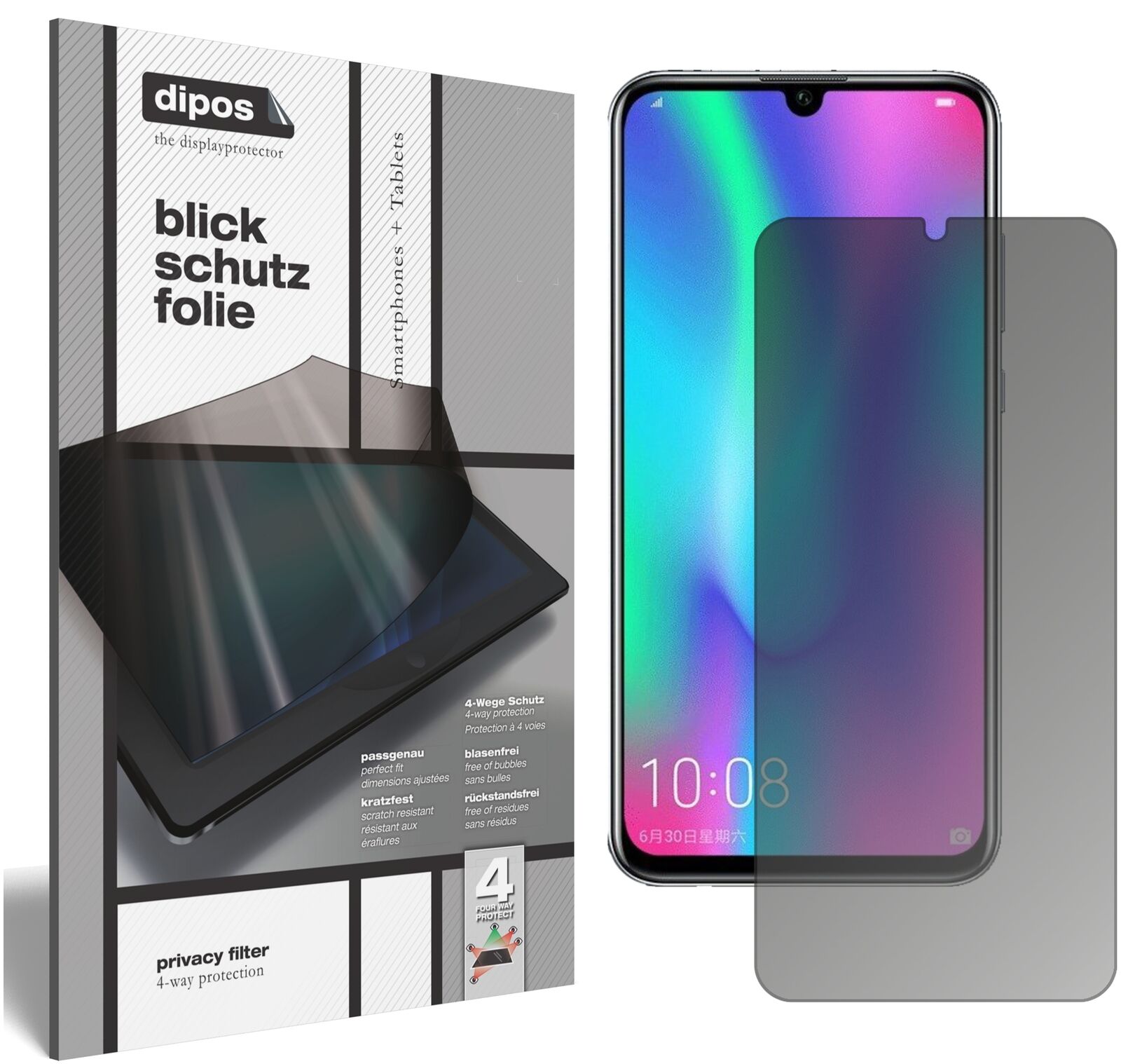 Honor10 Lite mit aufgebrachtem dipos Displayschutz, der seitliche Einblicke blockiert