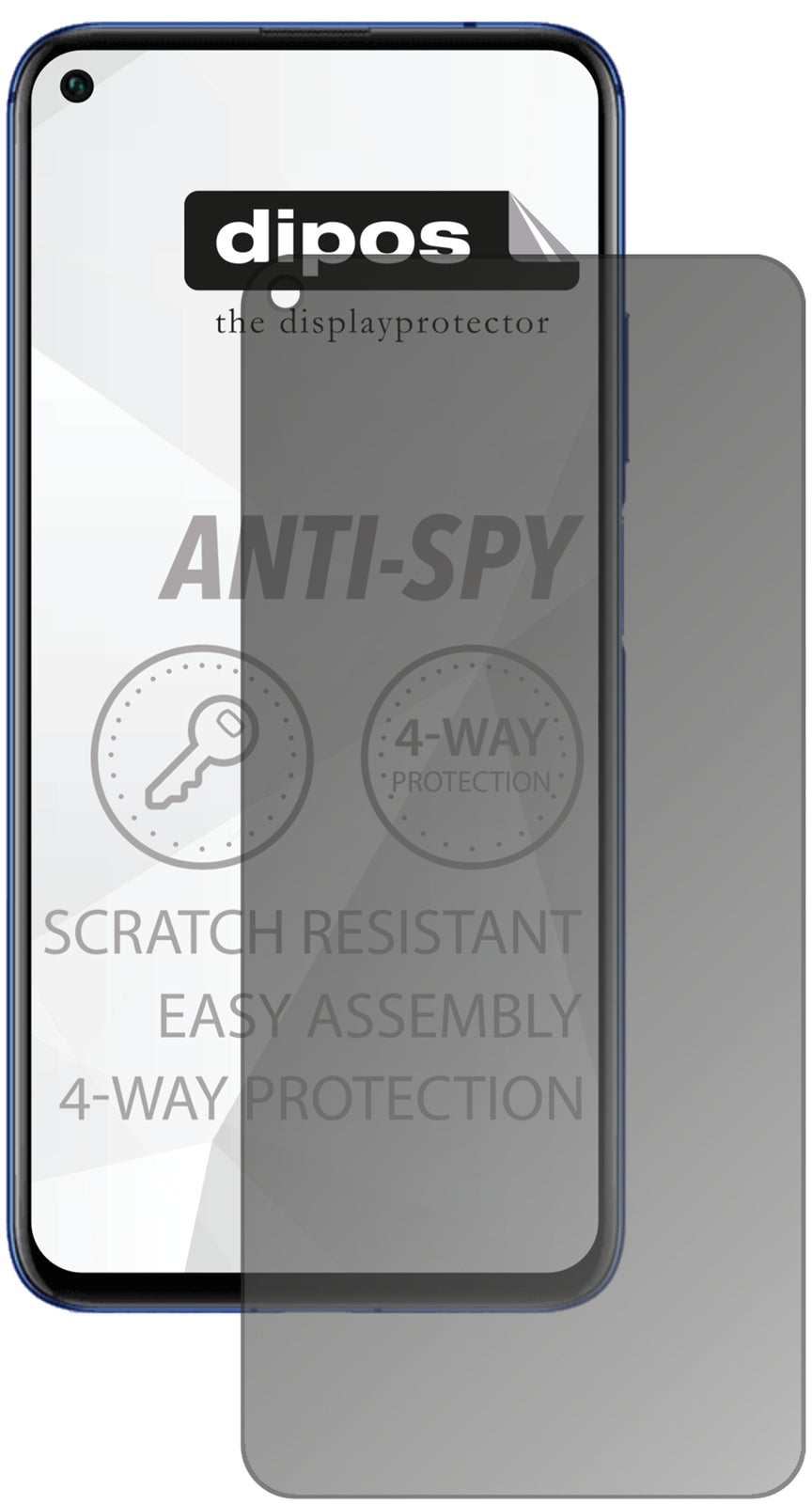 Honor20 mit aufgebrachtem dipos Displayschutz, der seitliche Einblicke blockiert